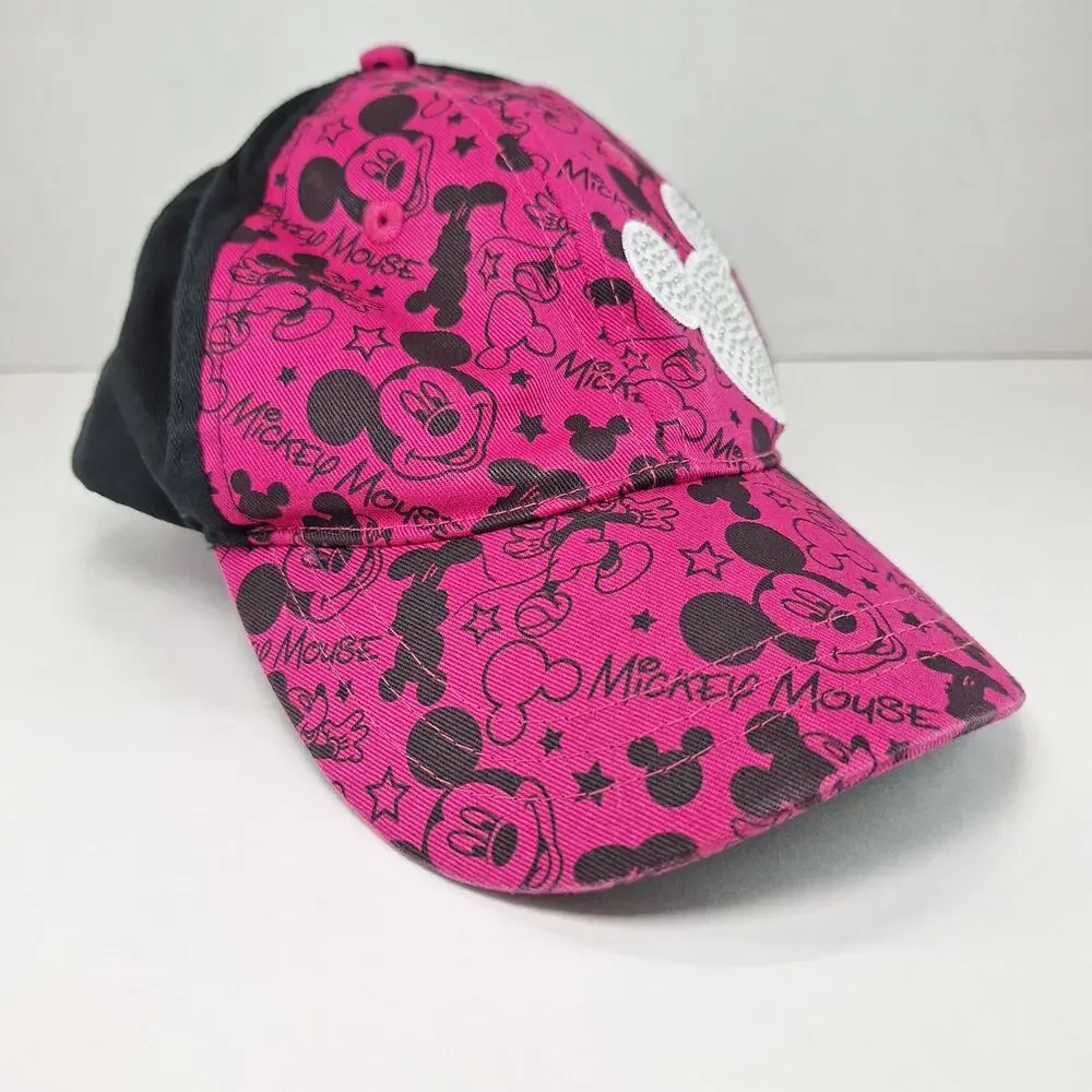 Disney Parks Mickey Mouse Youth Pink Black Rhinestone Adjustable Baseball Cap